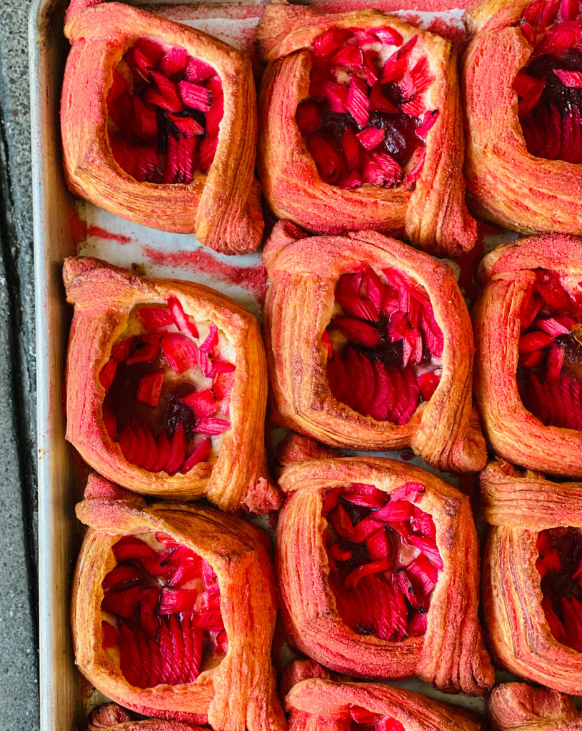 photo of a tray of strawberry and rhubarb danish