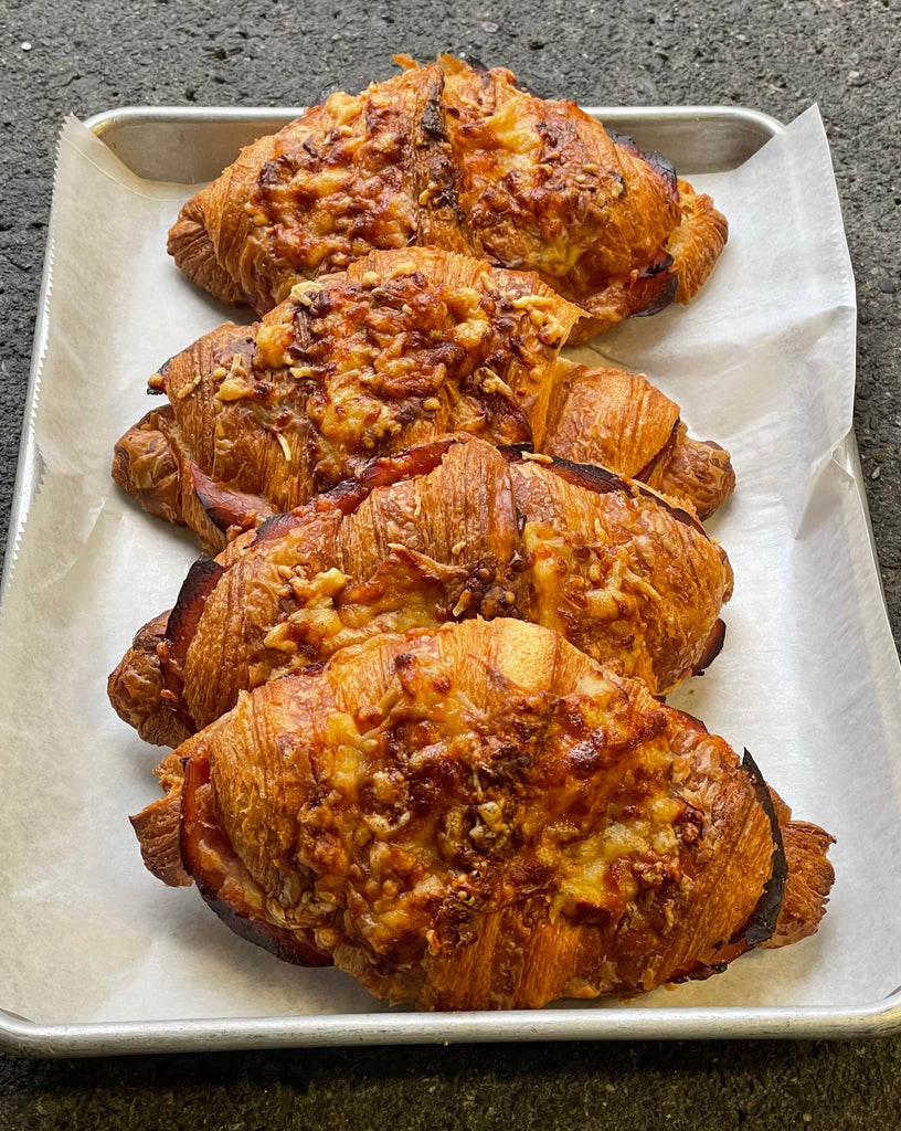 photo of 4 twice baked ham and cheese croissants